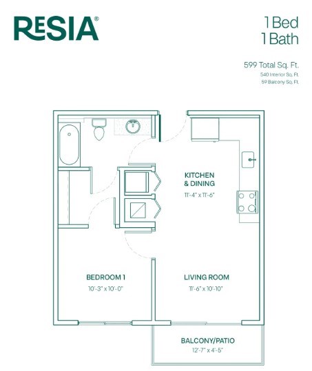A floor plan for a 1 bedroom, 1 bathroom apartment by Resia.